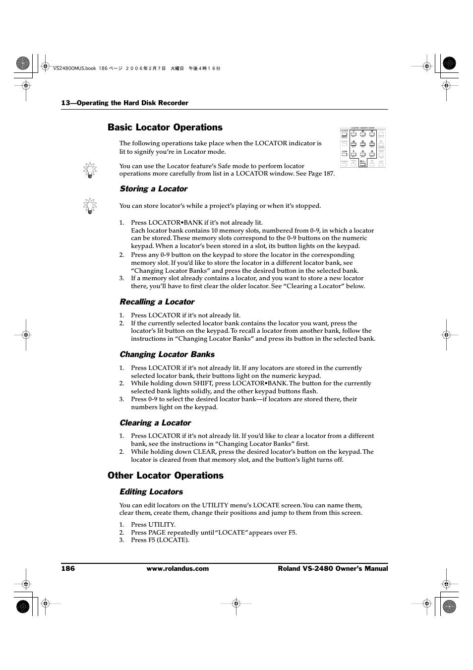Basic locator operations, Storing a locator, Recalling a locator | Changing locator banks, Clearing a locator, Other locator operations, Editing locators, Basic locator operations other locator operations | Roland VS-2480 User Manual | Page 186 / 452