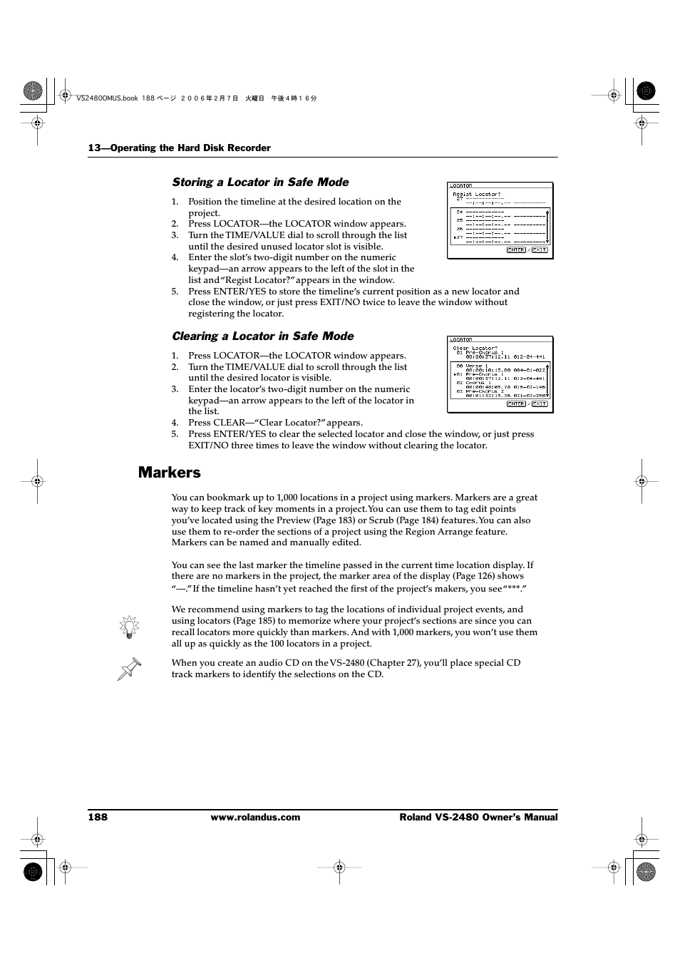 Storing a locator in safe mode, Clearing a locator in safe mode, Markers | Roland VS-2480 User Manual | Page 188 / 452