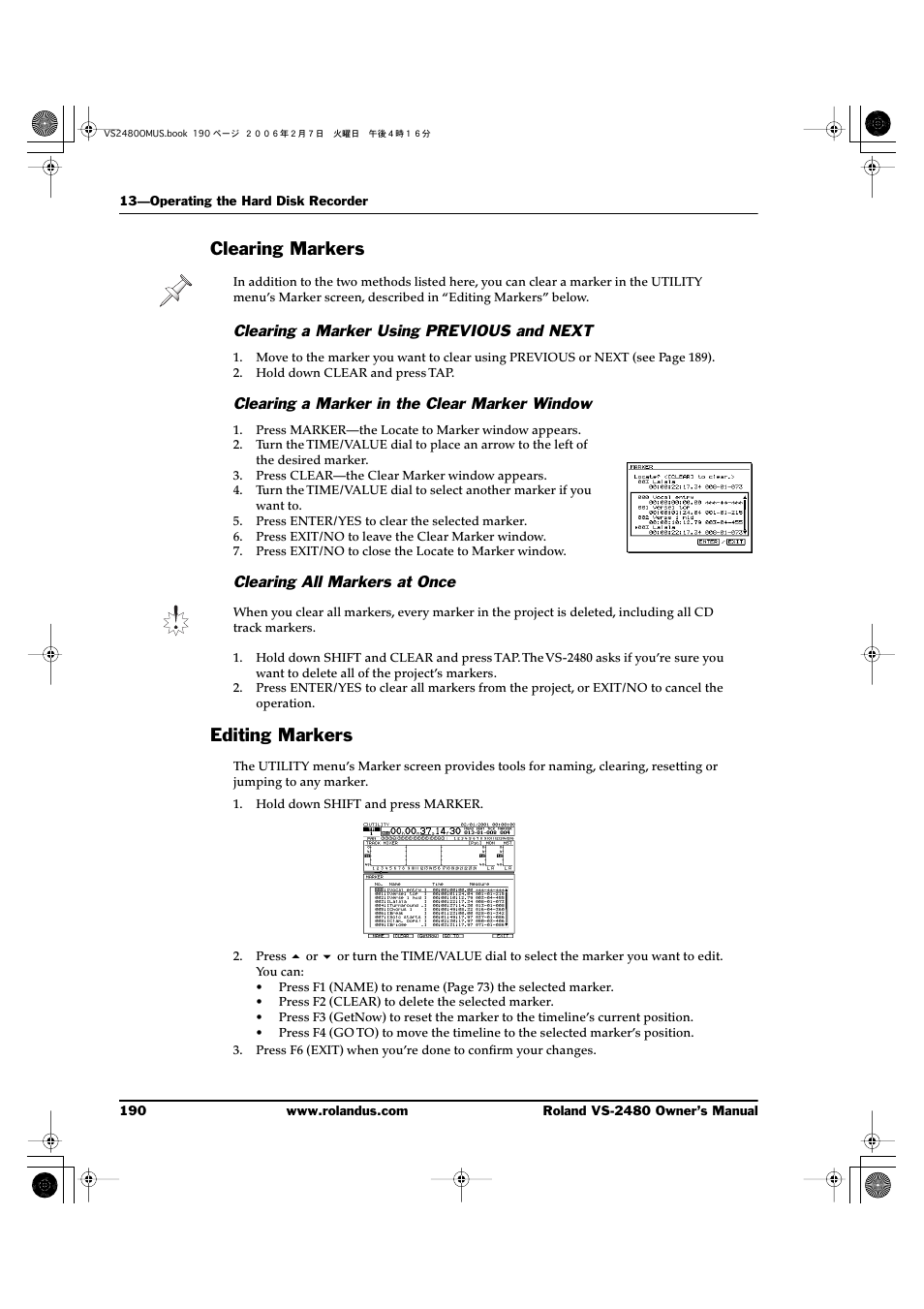 Clearing markers, Clearing a marker using previous and next, Clearing a marker in the clear marker window | Clearing all markers at once, Editing markers, Clearing markers editing markers | Roland VS-2480 User Manual | Page 190 / 452