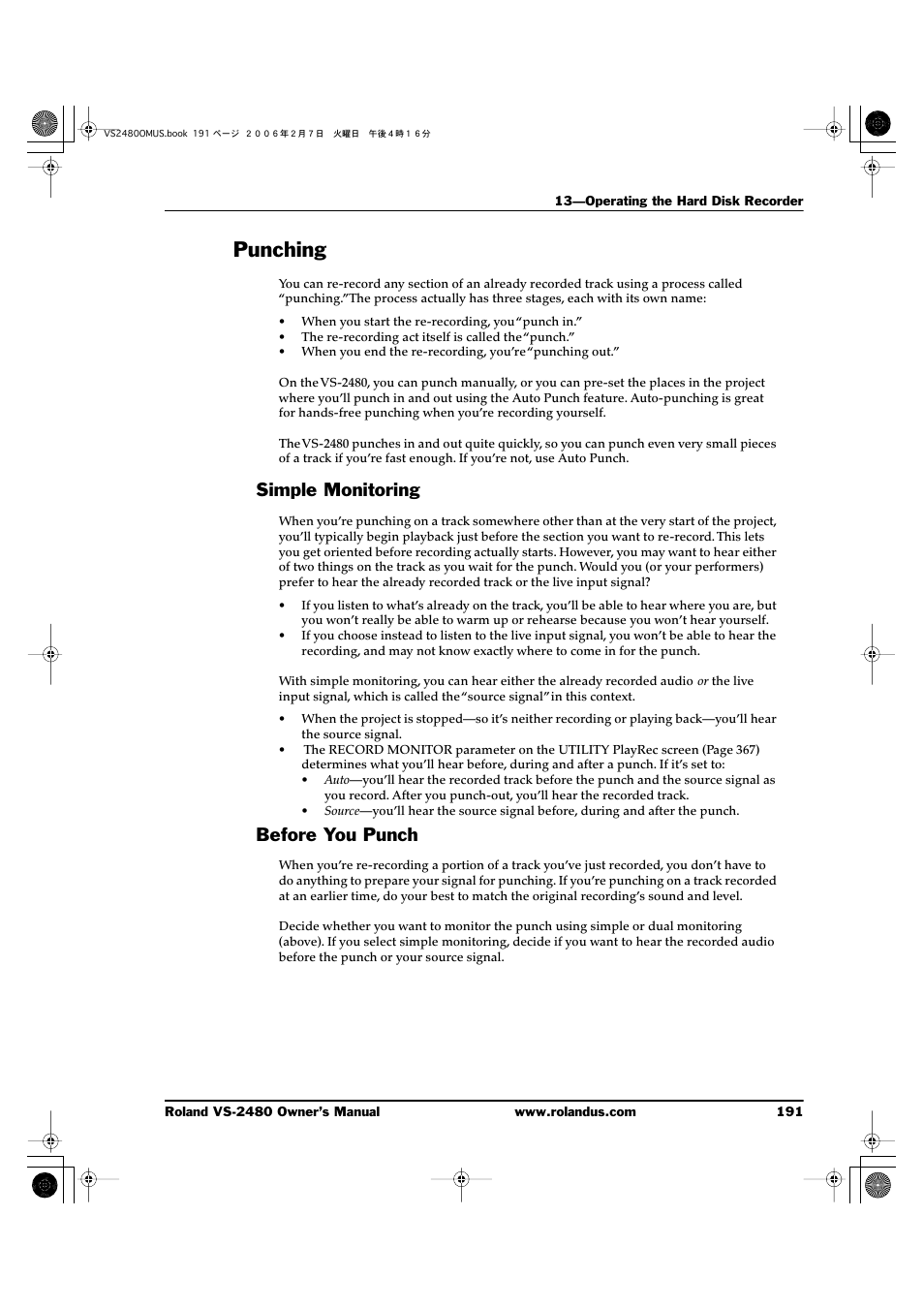 Punching, Simple monitoring, Before you punch | Simple monitoring before you punch | Roland VS-2480 User Manual | Page 191 / 452