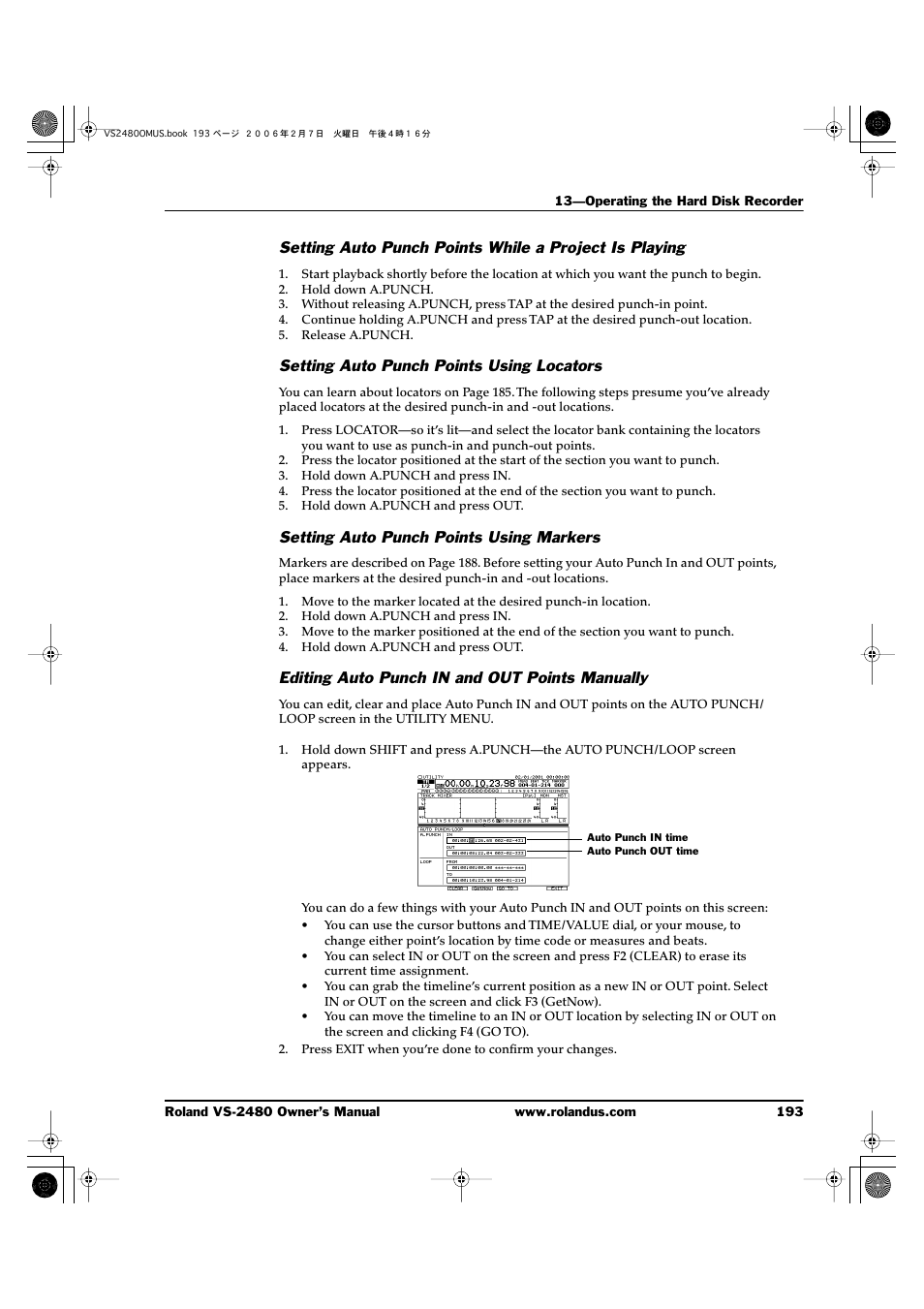 Setting auto punch points using locators, Setting auto punch points using markers, Editing auto punch in and out points manually | Roland VS-2480 User Manual | Page 193 / 452