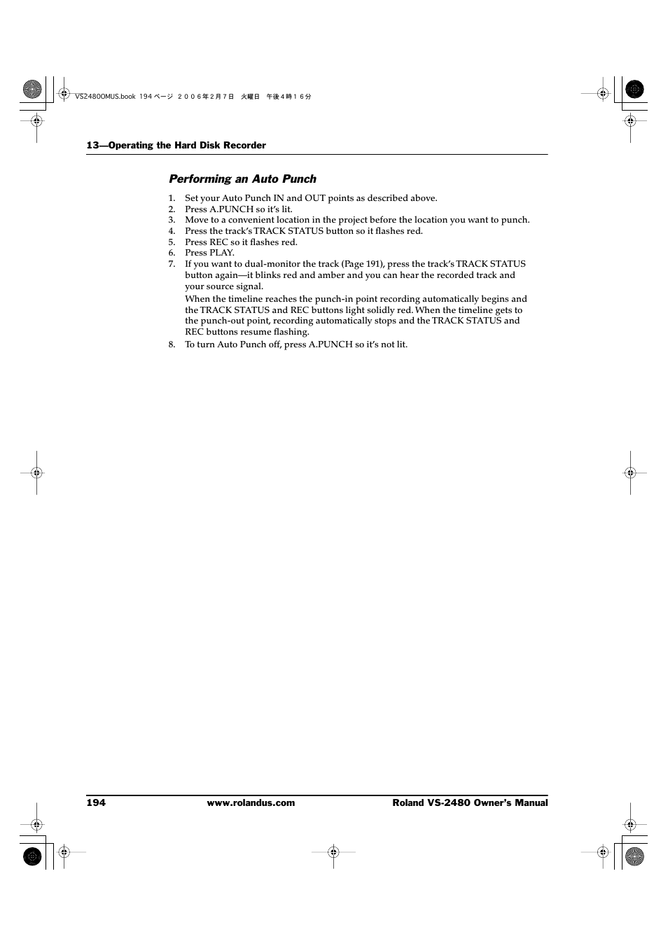 Performing an auto punch | Roland VS-2480 User Manual | Page 194 / 452