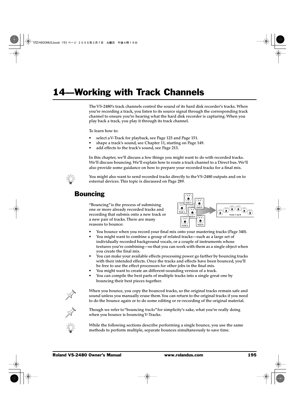 14—working with track channels, Bouncing, 14—working with track channels 195 | Roland VS-2480 User Manual | Page 195 / 452