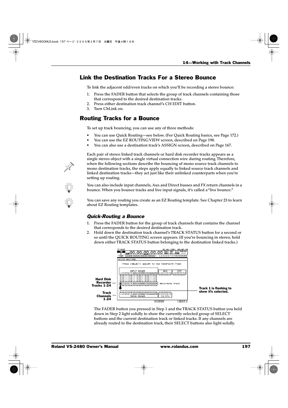 Link the destination tracks for a stereo bounce, Routing tracks for a bounce, Quick-routing a bounce | Roland VS-2480 User Manual | Page 197 / 452