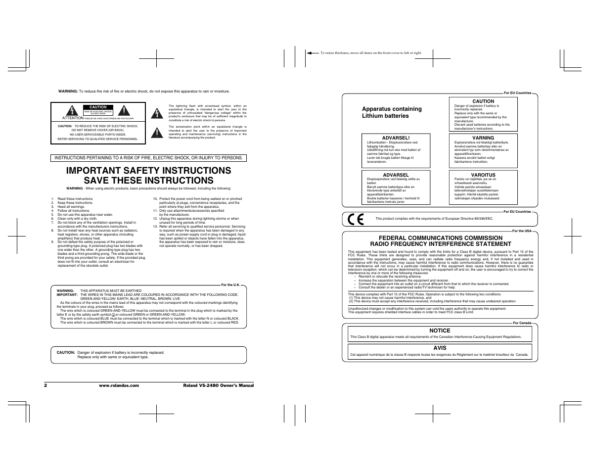 Apparatus containing lithium batteries, Notice avis | Roland VS-2480 User Manual | Page 2 / 452