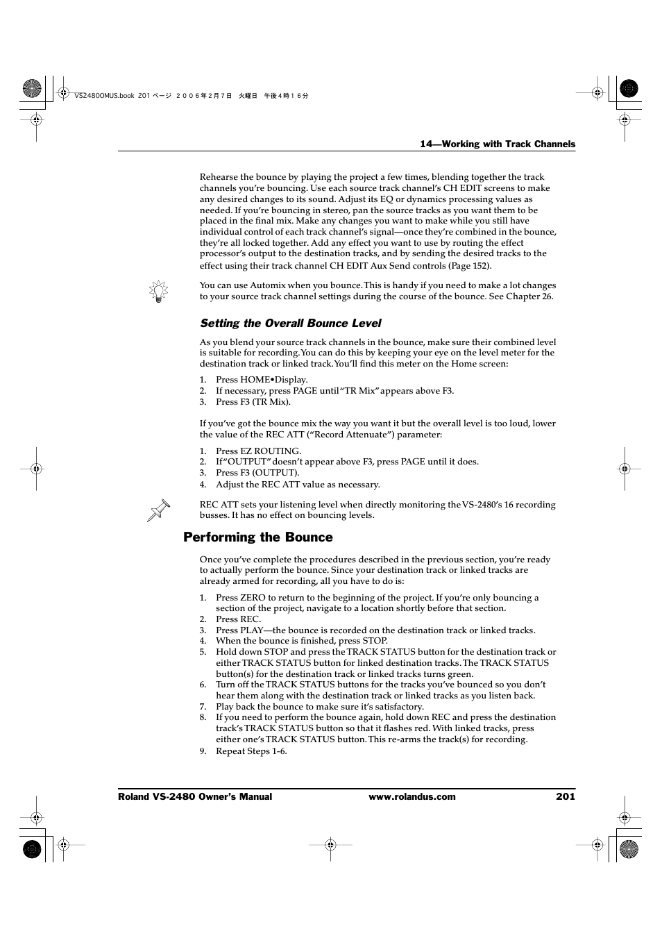Setting the overall bounce level, Performing the bounce | Roland VS-2480 User Manual | Page 201 / 452