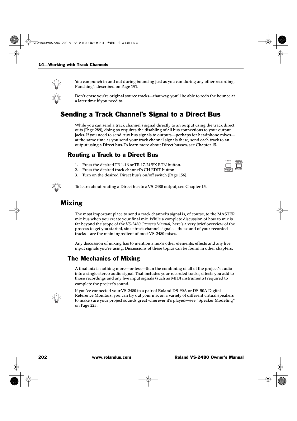 Sending a track channel’s signal to a direct bus, Routing a track to a direct bus, Mixing | The mechanics of mixing | Roland VS-2480 User Manual | Page 202 / 452