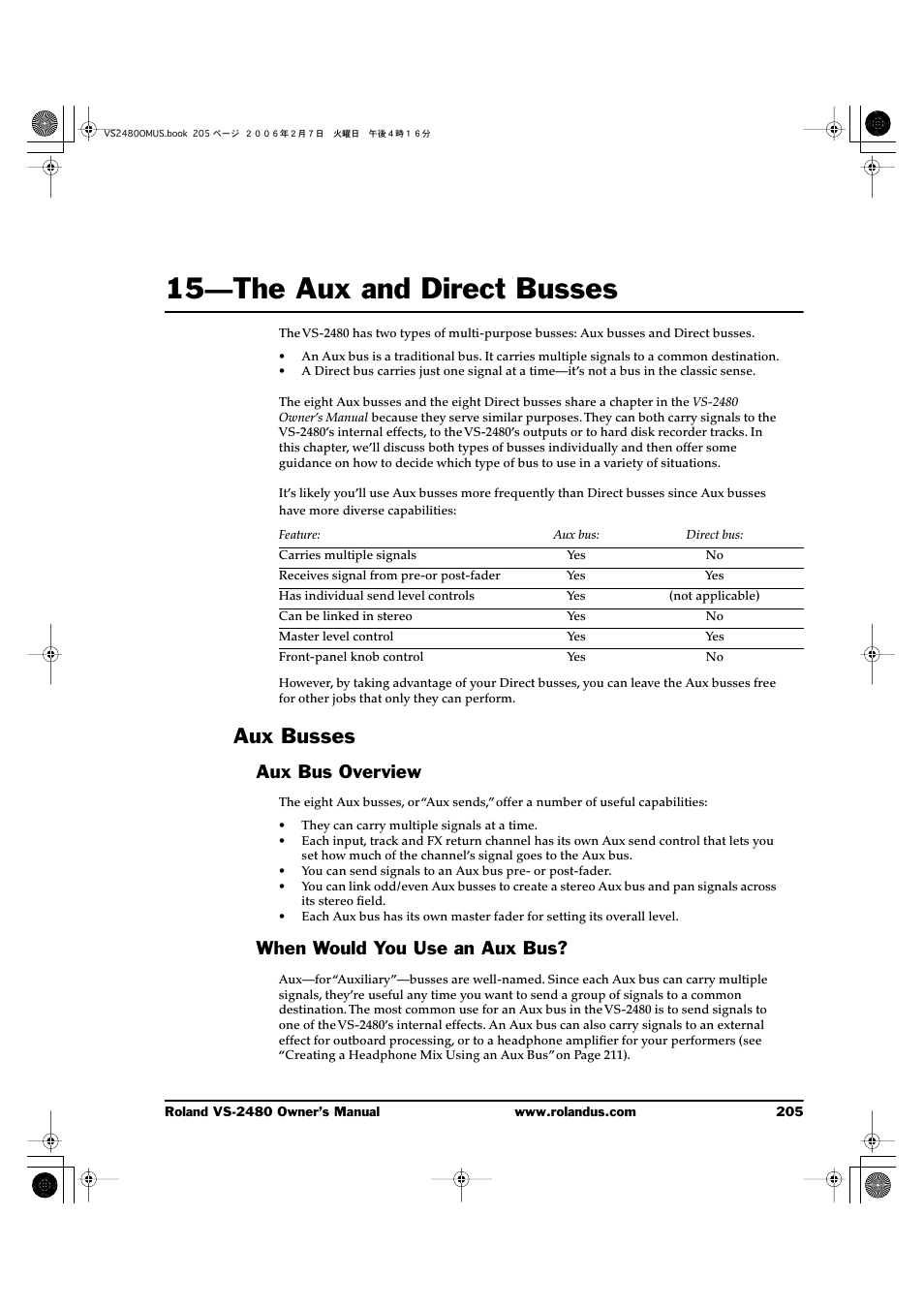 15—the aux and direct busses, Aux busses, Aux bus overview | When would you use an aux bus, 15—the aux and direct busses 205, Aux bus overview when would you use an aux bus | Roland VS-2480 User Manual | Page 205 / 452