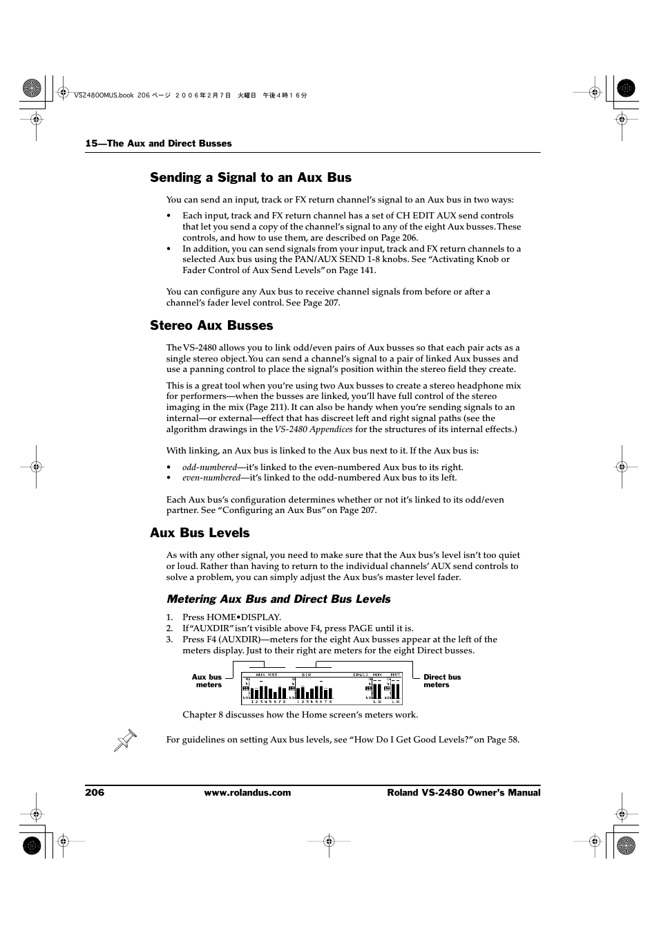 Sending a signal to an aux bus, Stereo aux busses, Aux bus levels | Metering aux bus and direct bus levels | Roland VS-2480 User Manual | Page 206 / 452