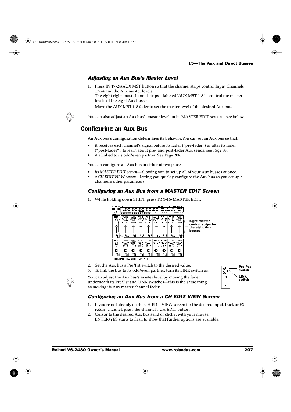Adjusting an aux bus’s master level, Configuring an aux bus, Configuring an aux bus from a master edit screen | Configuring an aux bus from a ch edit view screen | Roland VS-2480 User Manual | Page 207 / 452