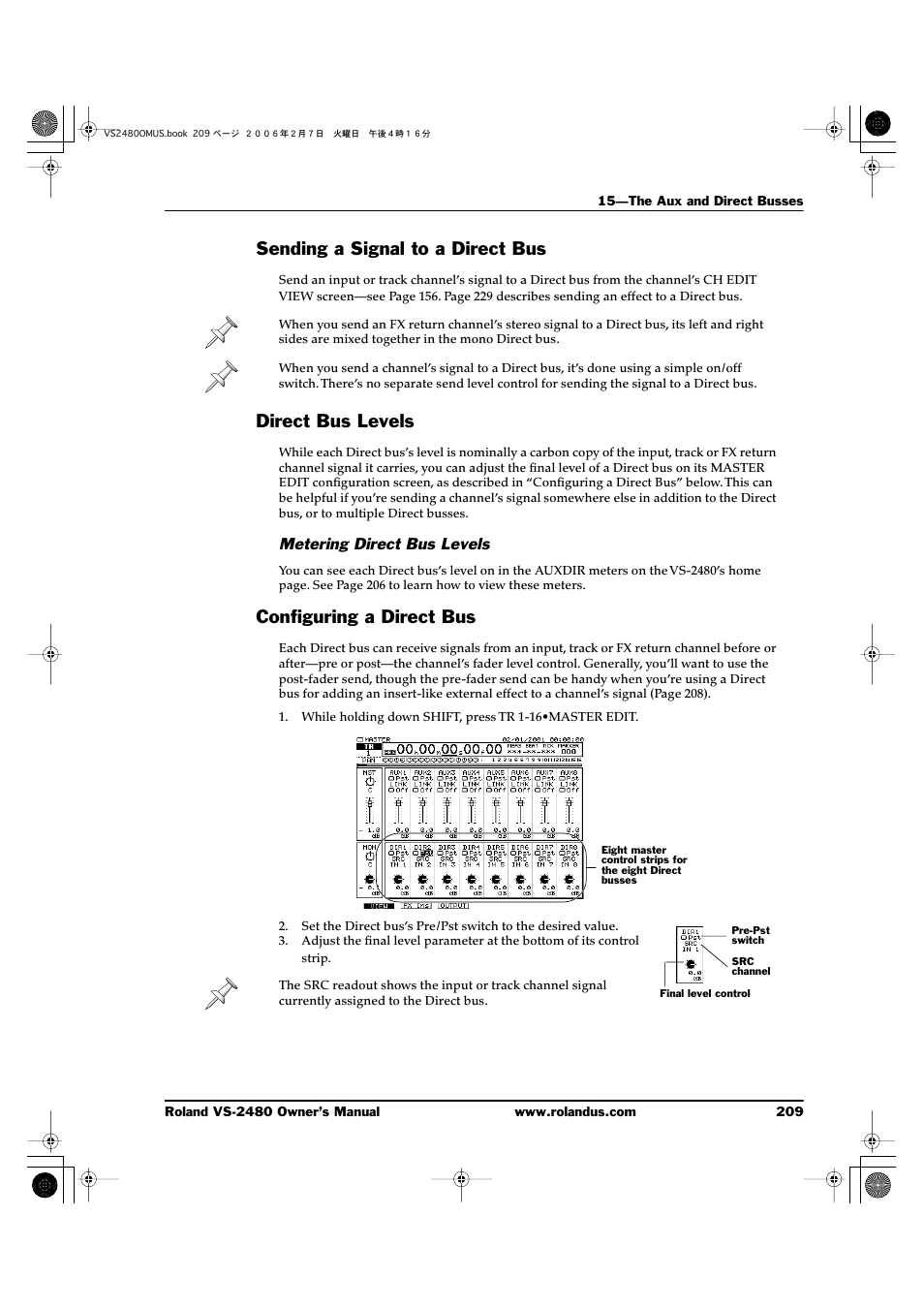 Sending a signal to a direct bus, Direct bus levels, Metering direct bus levels | Configuring a direct bus, Age 209, Age 209) | Roland VS-2480 User Manual | Page 209 / 452