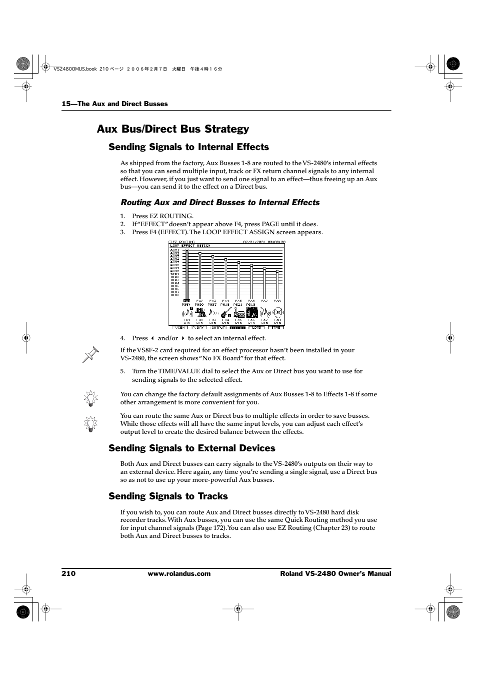 Aux bus/direct bus strategy, Sending signals to internal effects, Routing aux and direct busses to internal effects | Sending signals to external devices, Sending signals to tracks | Roland VS-2480 User Manual | Page 210 / 452