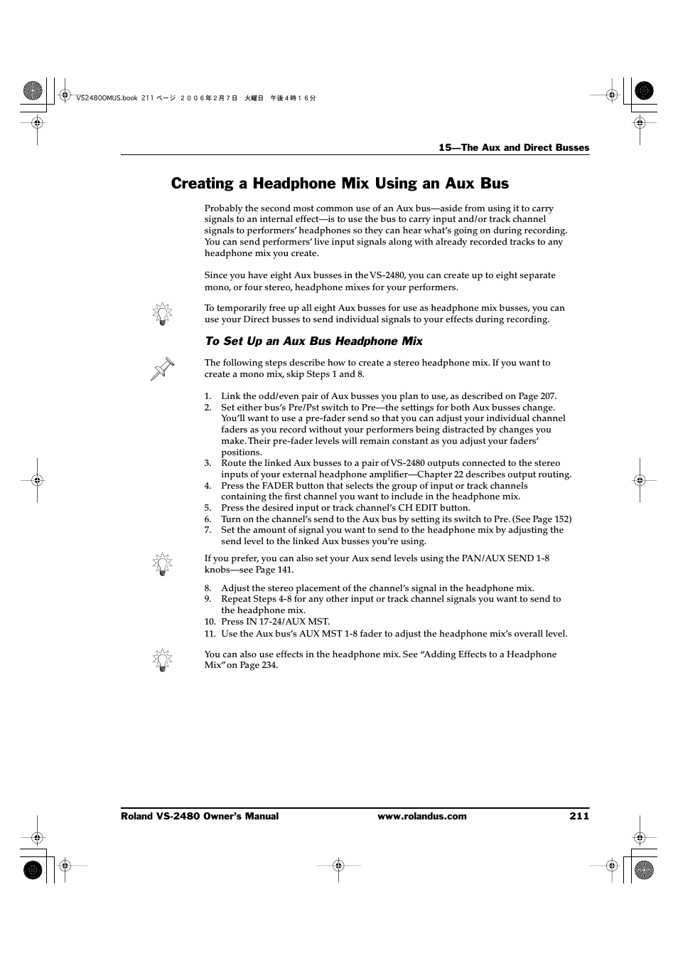 Creating a headphone mix using an aux bus, To set up an aux bus headphone mix | Roland VS-2480 User Manual | Page 211 / 452