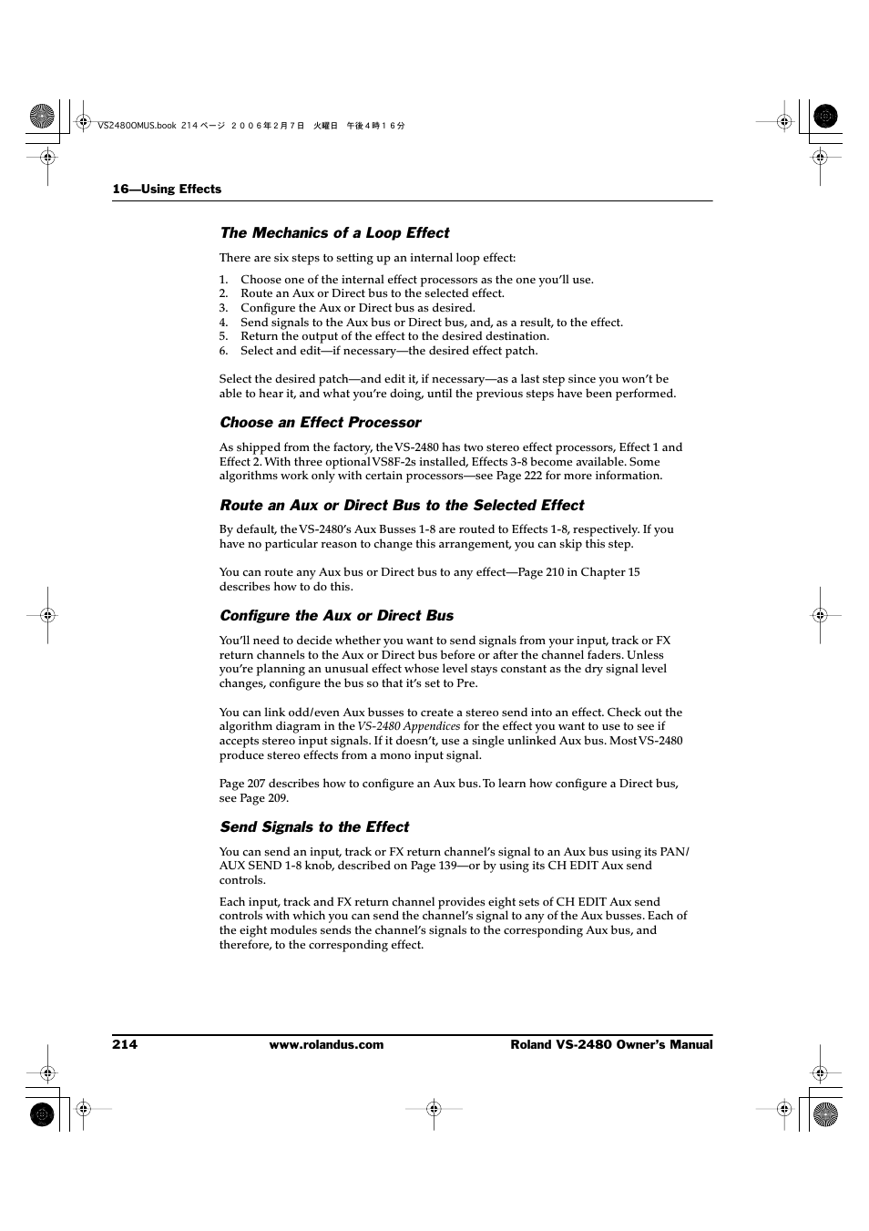 The mechanics of a loop effect, Choose an effect processor, Route an aux or direct bus to the selected effect | Configure the aux or direct bus, Send signals to the effect | Roland VS-2480 User Manual | Page 214 / 452