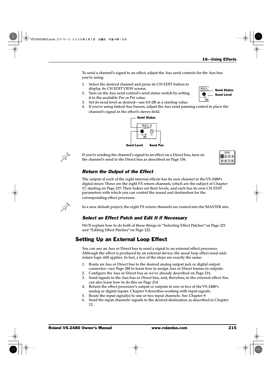 Return the output of the effect, Select an effect patch and edit it if necessary, Setting up an external loop effect | Roland VS-2480 User Manual | Page 215 / 452
