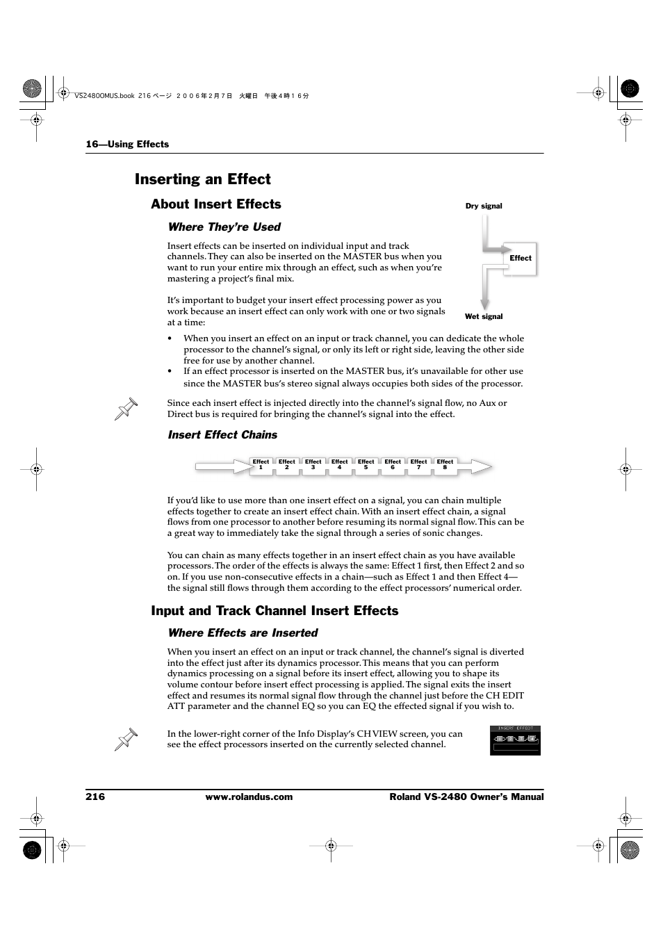 Inserting an effect, About insert effects, Where they’re used | Insert effect chains, Input and track channel insert effects, Where effects are inserted | Roland VS-2480 User Manual | Page 216 / 452