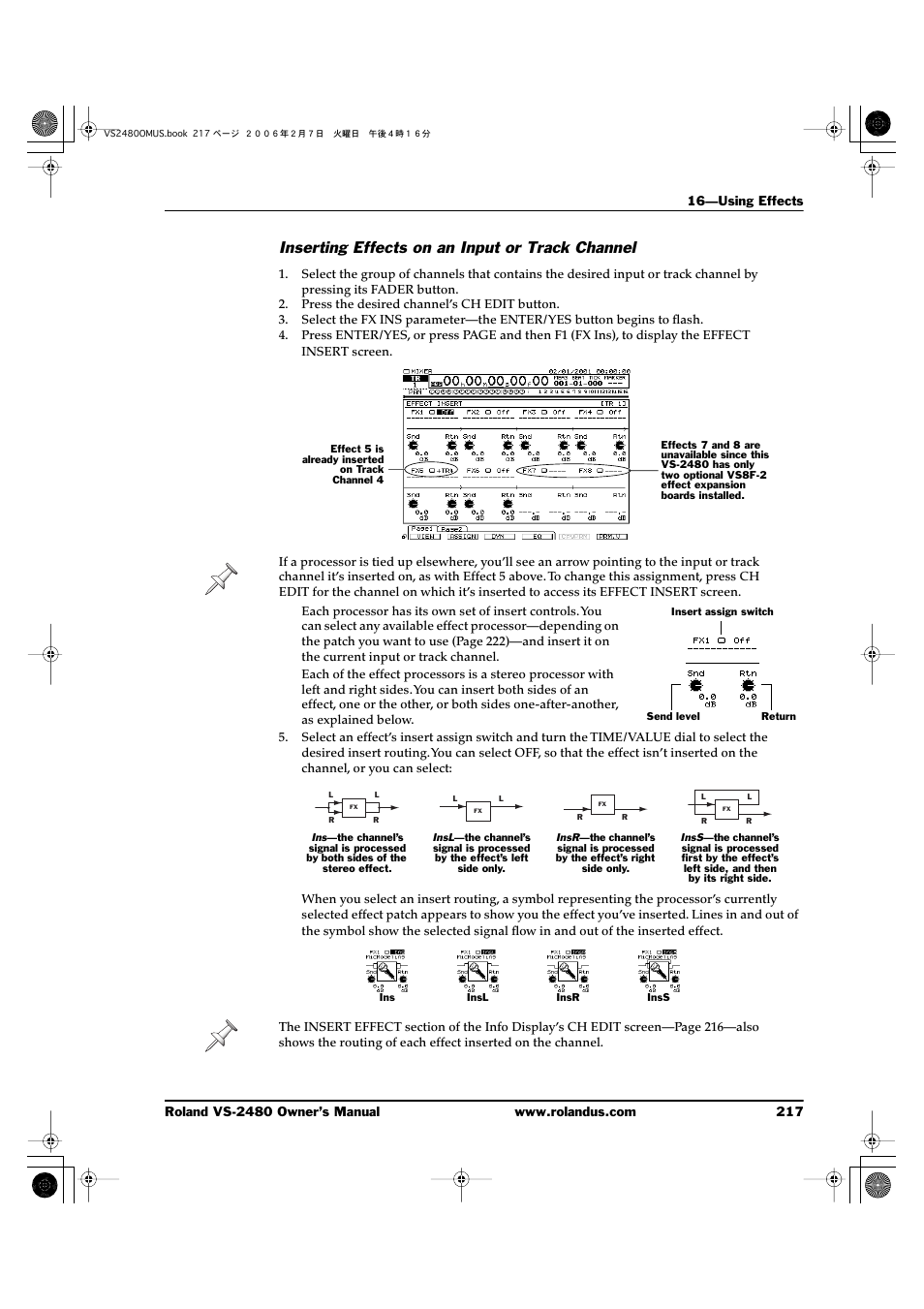 Inserting effects on an input or track channel | Roland VS-2480 User Manual | Page 217 / 452