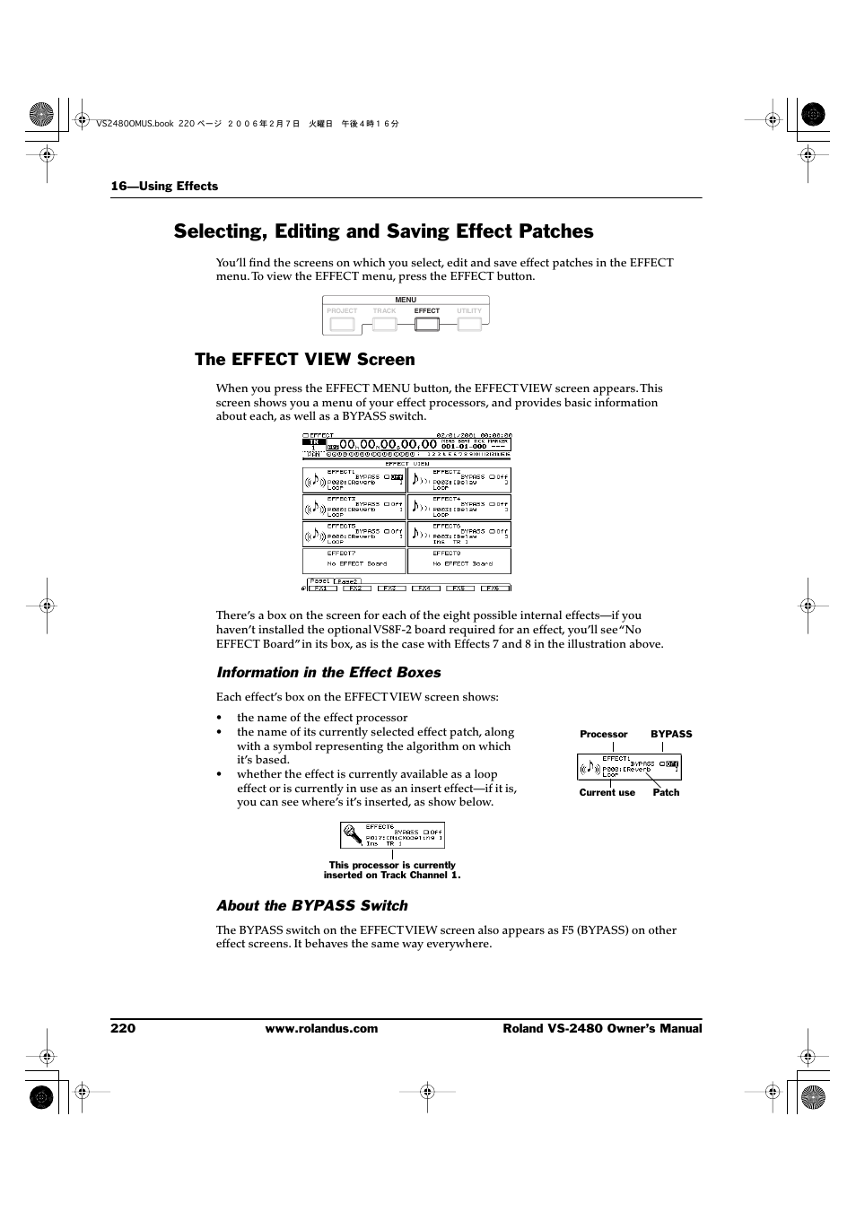 Selecting, editing and saving effect patches, The effect view screen, Information in the effect boxes | About the bypass switch | Roland VS-2480 User Manual | Page 220 / 452