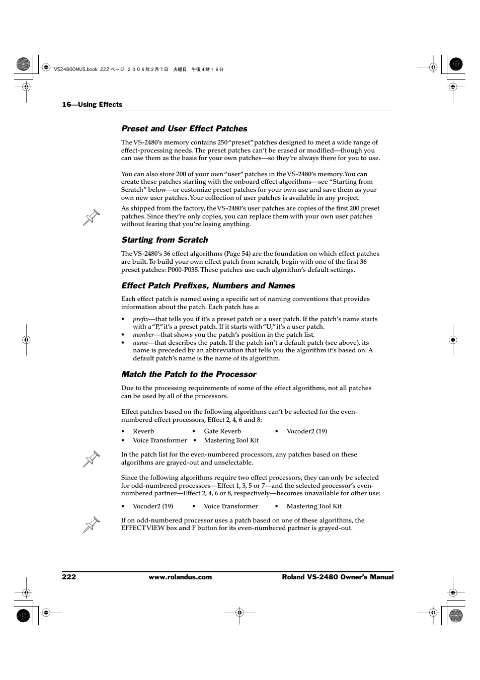 Preset and user effect patches, Starting from scratch, Effect patch prefixes, numbers and names | Match the patch to the processor | Roland VS-2480 User Manual | Page 222 / 452