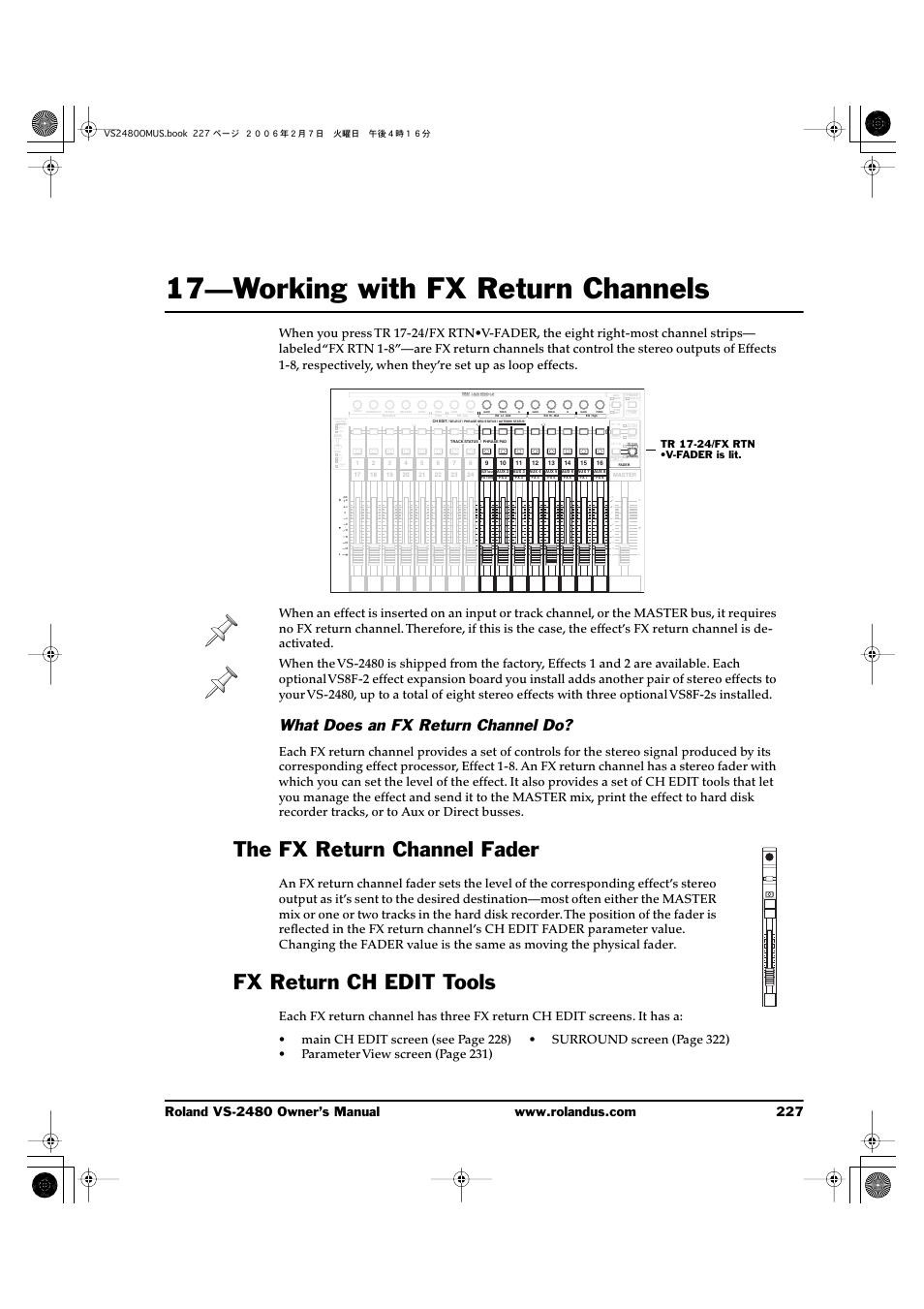 17—working with fx return channels, What does an fx return channel do, The fx return channel fader | Fx return ch edit tools, 17—working with fx return channels 227, Write read manual, Phrase rec play off, Tr 17-24/fx rtn •v-fader is lit | Roland VS-2480 User Manual | Page 227 / 452
