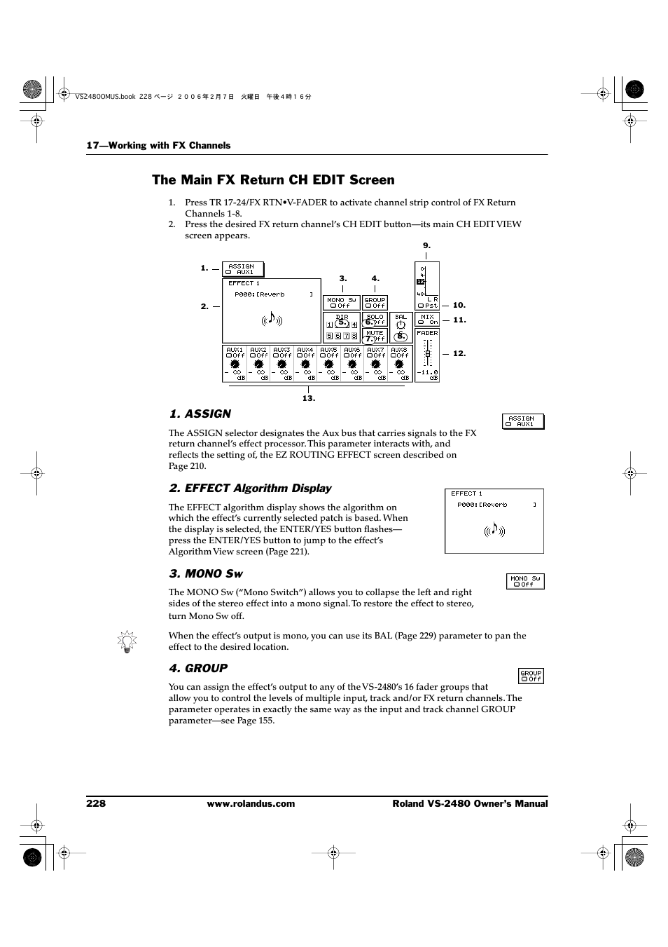 The main fx return ch edit screen, Assign, Effect algorithm display | Mono sw, Group | Roland VS-2480 User Manual | Page 228 / 452