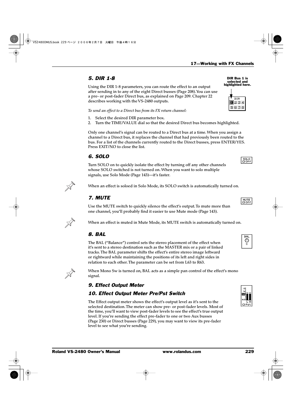 Dir 1-8, Solo, Mute | Effect output meter, Effect output meter pre/pst switch | Roland VS-2480 User Manual | Page 229 / 452