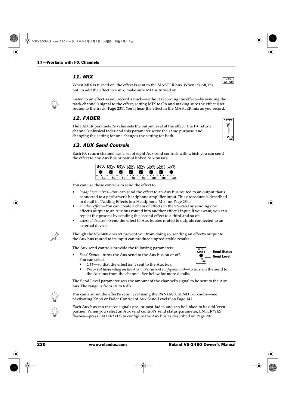 Fader, Aux send controls | Roland VS-2480 User Manual | Page 230 / 452