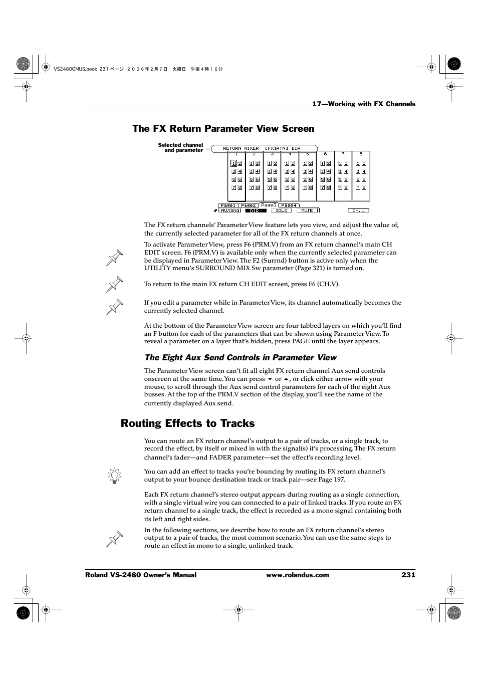 The fx return parameter view screen, The eight aux send controls in parameter view, Routing effects to tracks | Roland VS-2480 User Manual | Page 231 / 452