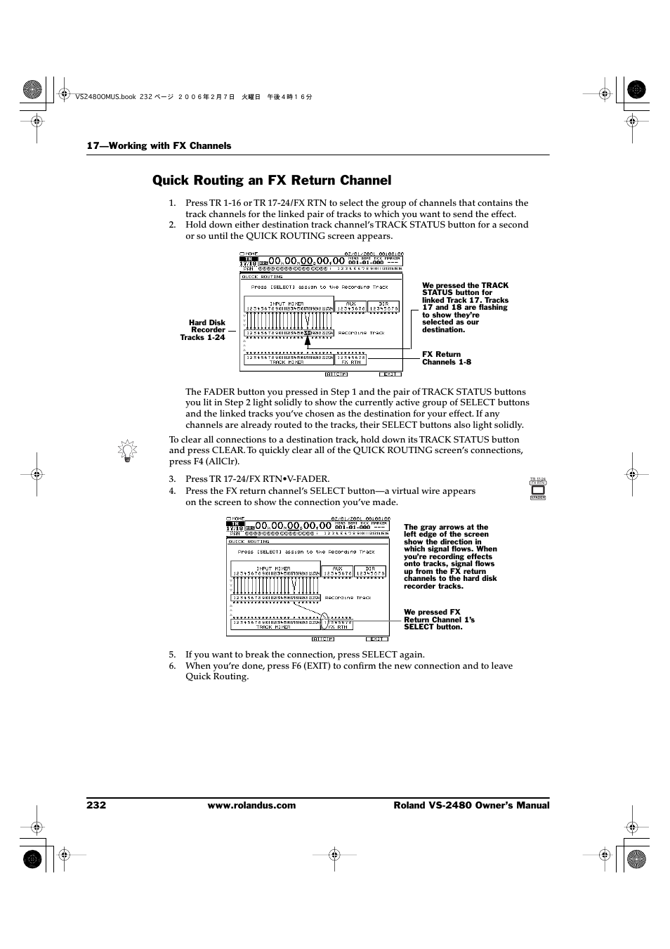 Quick routing an fx return channel | Roland VS-2480 User Manual | Page 232 / 452