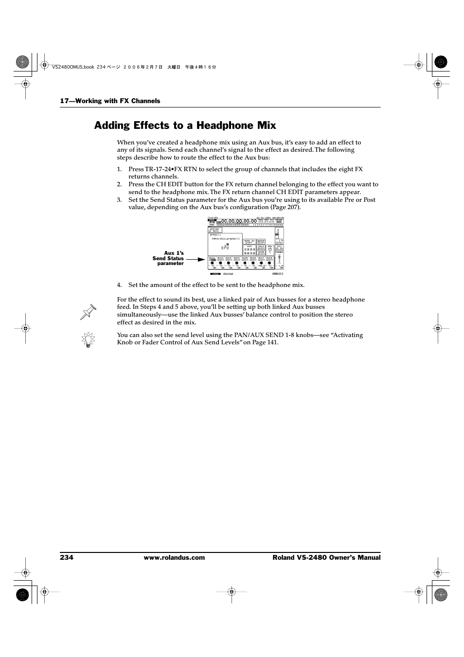 Adding effects to a headphone mix | Roland VS-2480 User Manual | Page 234 / 452