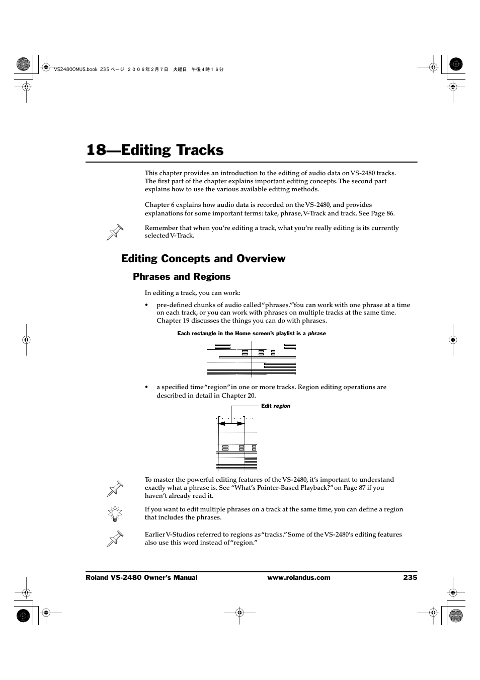 18—editing tracks, Editing concepts and overview, Phrases and regions | 18—editing tracks 235 | Roland VS-2480 User Manual | Page 235 / 452
