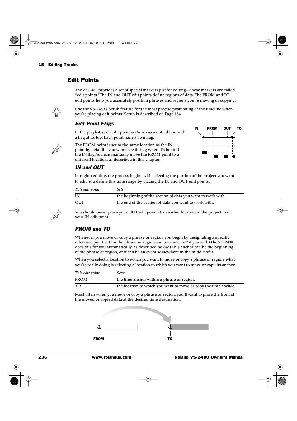 Edit points, Edit point flags, In and out | From and to | Roland VS-2480 User Manual | Page 236 / 452