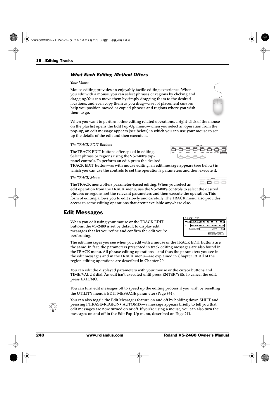 What each editing method offers, Edit messages | Roland VS-2480 User Manual | Page 240 / 452