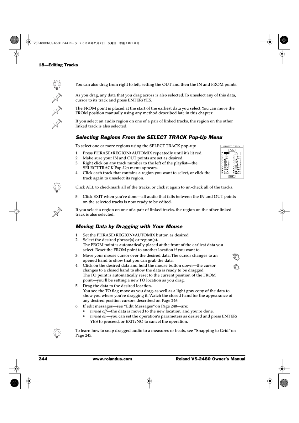 Moving data by dragging with your mouse | Roland VS-2480 User Manual | Page 244 / 452