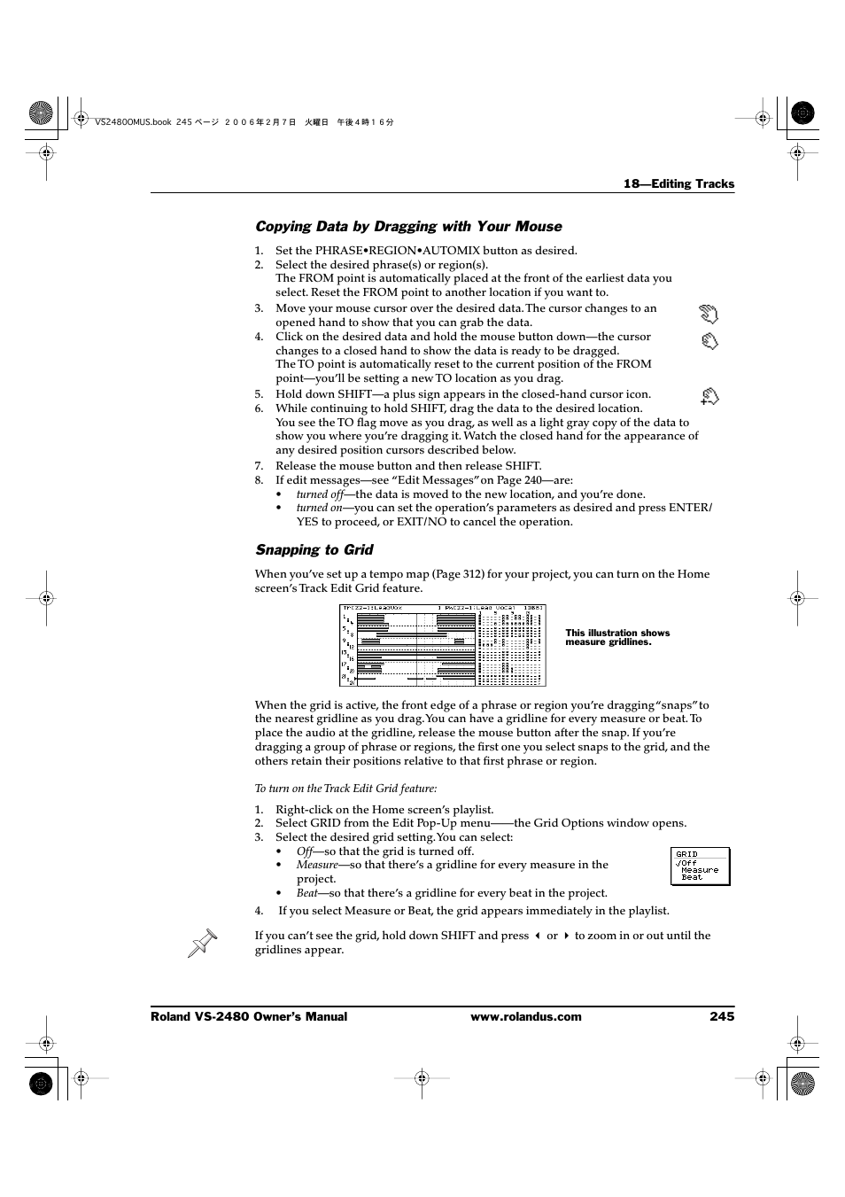 Copying data by dragging with your mouse, Snapping to grid | Roland VS-2480 User Manual | Page 245 / 452