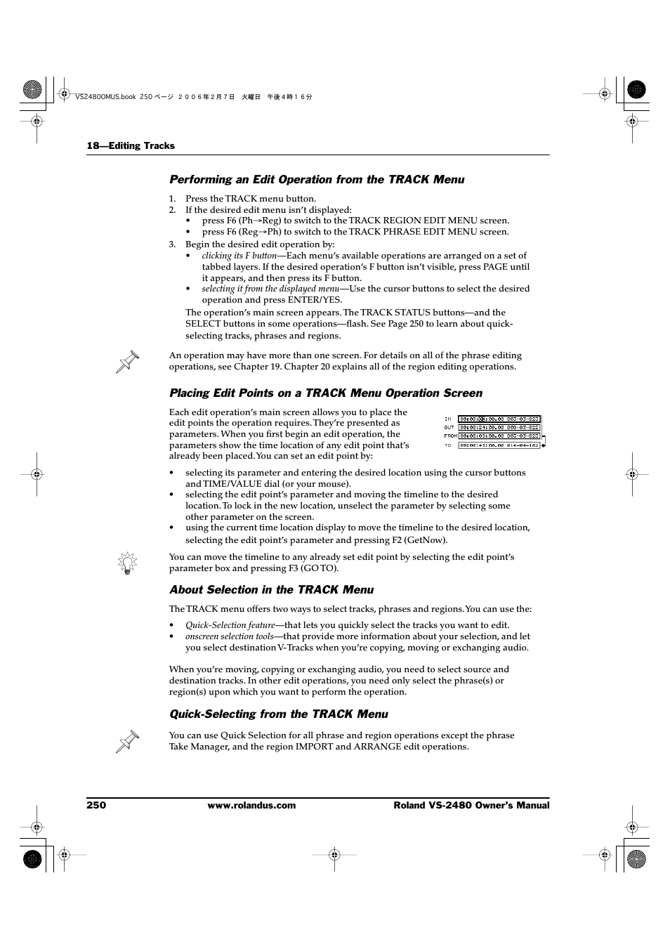 Performing an edit operation from the track menu, About selection in the track menu, Quick-selecting from the track menu | Roland VS-2480 User Manual | Page 250 / 452
