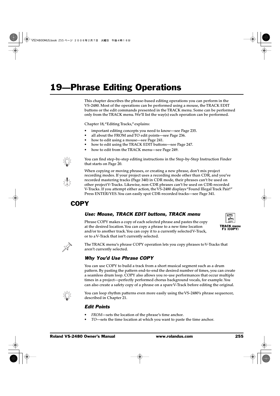 19—phrase editing operations, Copy, Use: mouse, track edit buttons, track menu | Why you’d use phrase copy, Edit points, 19—phrase editing operations 255 | Roland VS-2480 User Manual | Page 255 / 452
