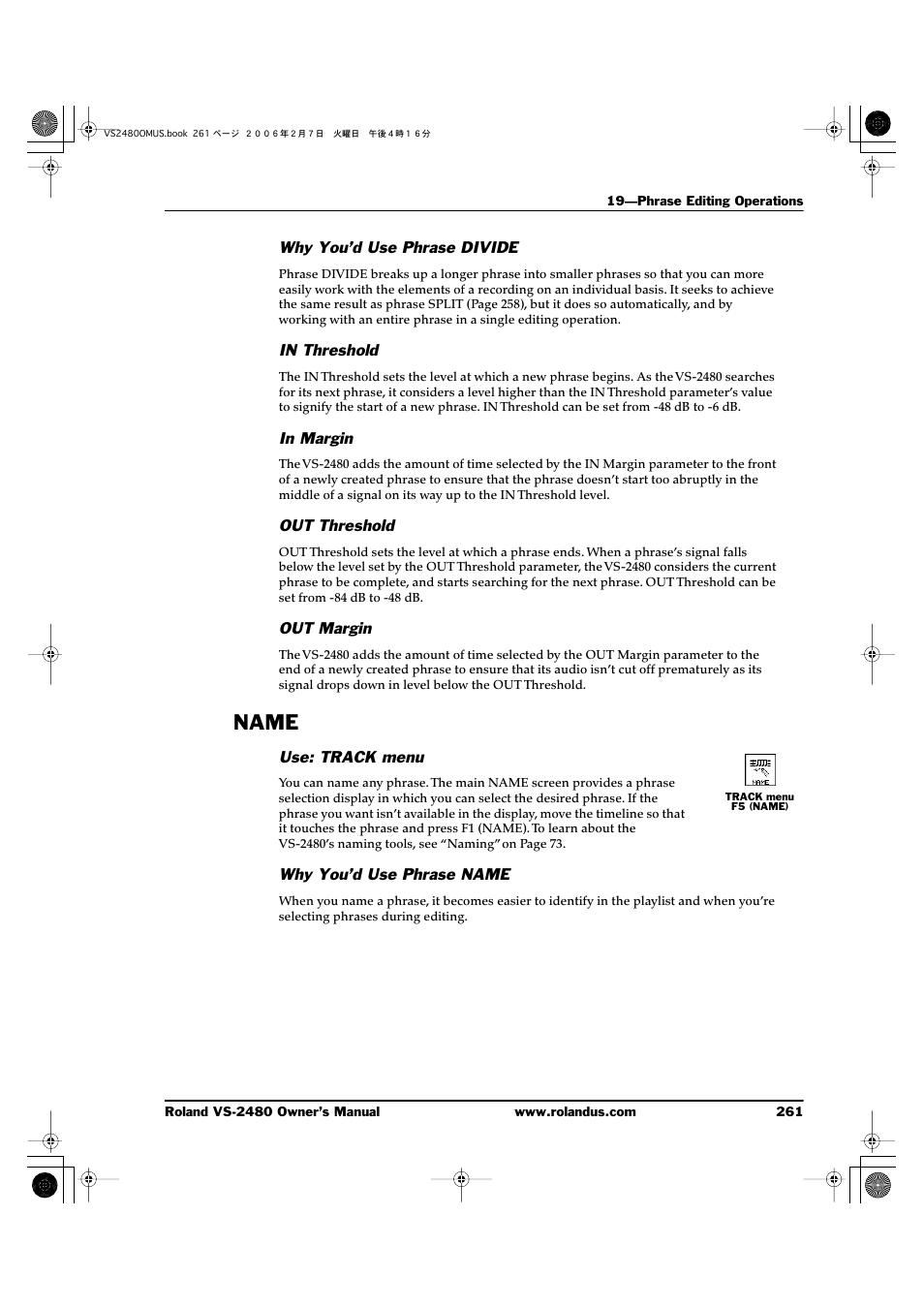 Why you’d use phrase divide, In threshold, In margin | Out threshold, Out margin, Name, Use: track menu, Why you’d use phrase name | Roland VS-2480 User Manual | Page 261 / 452