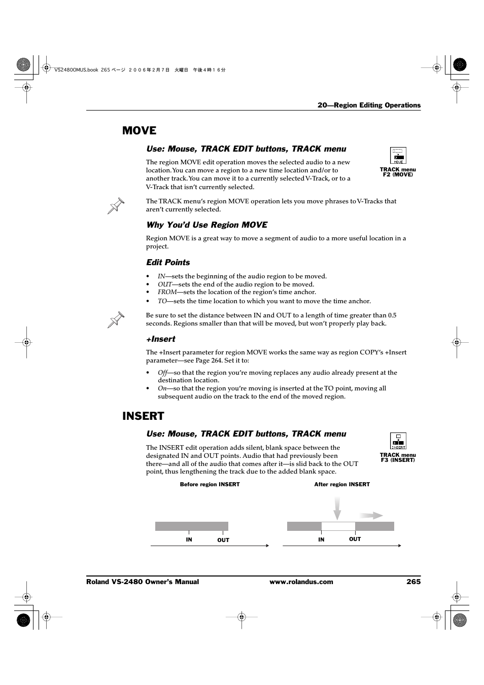 Move, Use: mouse, track edit buttons, track menu, Why you’d use region move | Edit points, Insert, Move insert | Roland VS-2480 User Manual | Page 265 / 452