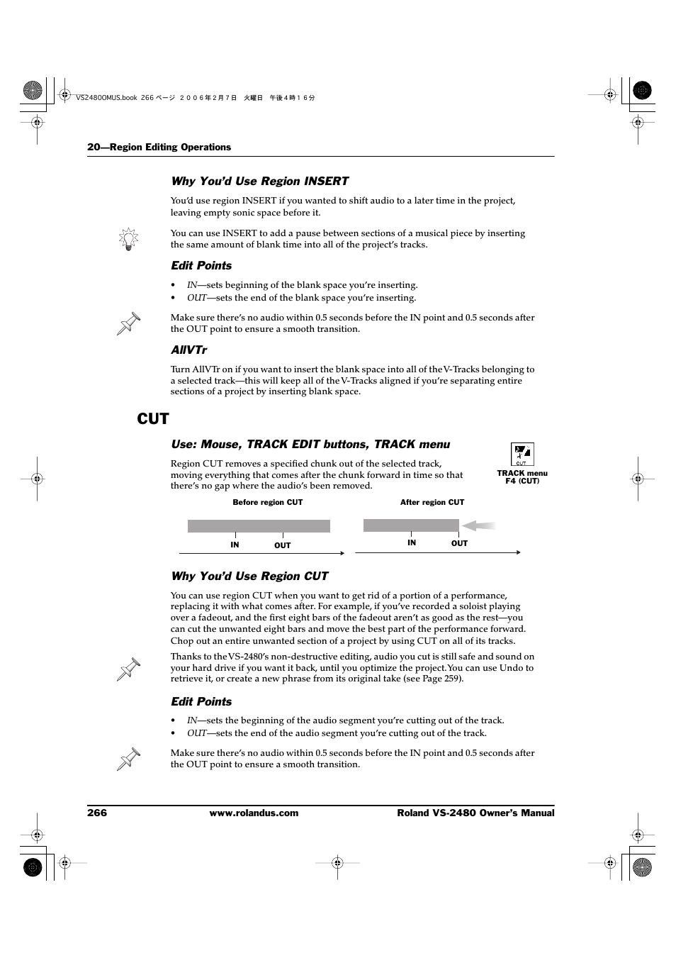 Why you’d use region insert, Edit points, Allvtr | Use: mouse, track edit buttons, track menu, Why you’d use region cut | Roland VS-2480 User Manual | Page 266 / 452