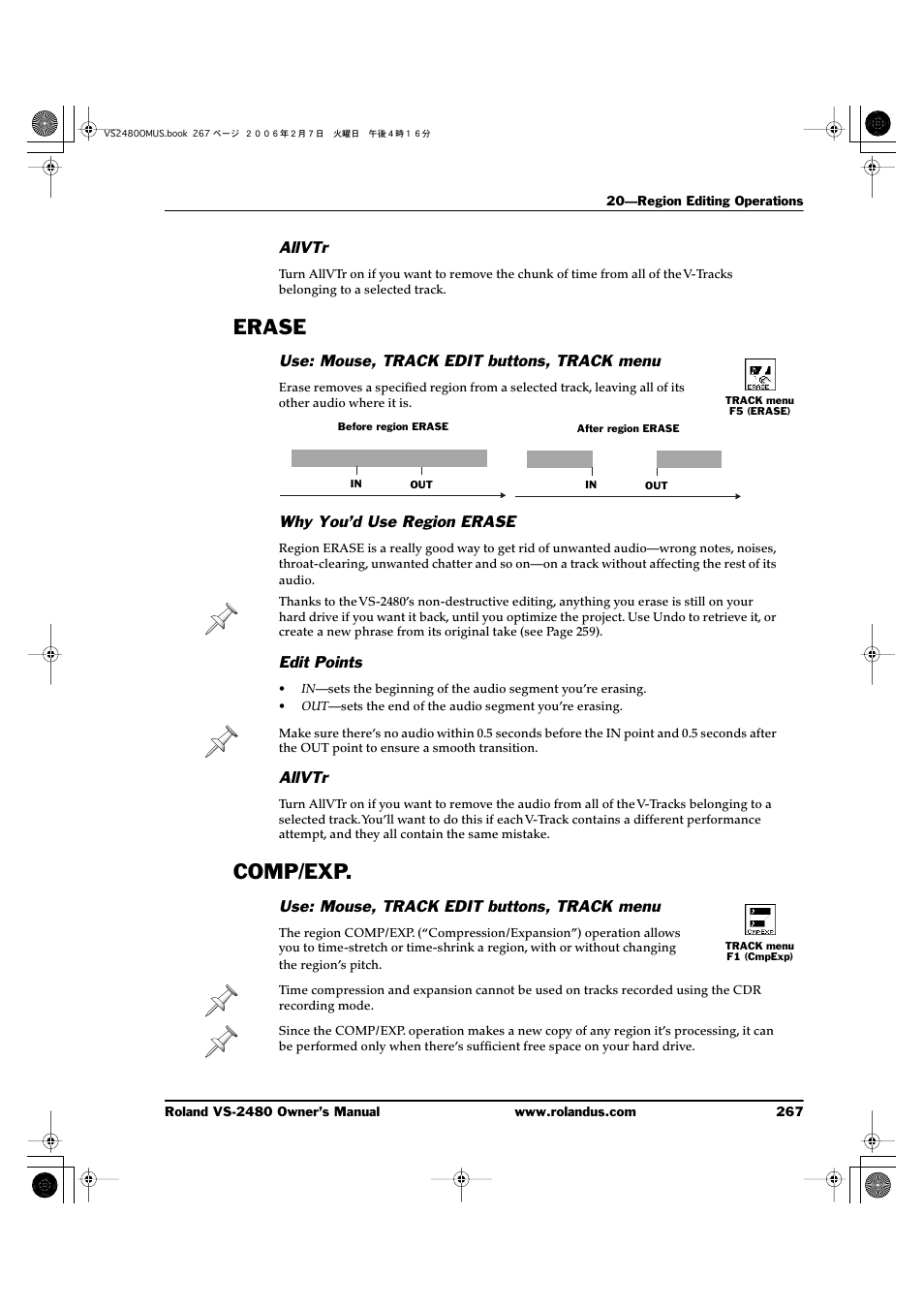 Allvtr, Erase, Use: mouse, track edit buttons, track menu | Why you’d use region erase, Edit points, Comp/exp, Erase comp/exp | Roland VS-2480 User Manual | Page 267 / 452