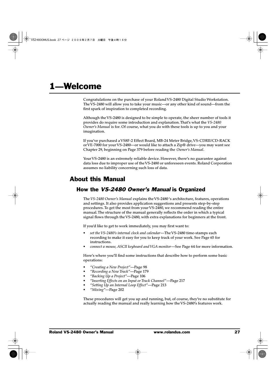 1—welcome, About this manual, How the vs-2480 owner’s manual is organized | 1—welcome 27, How the, Vs-2480 owner’s manual | Roland VS-2480 User Manual | Page 27 / 452