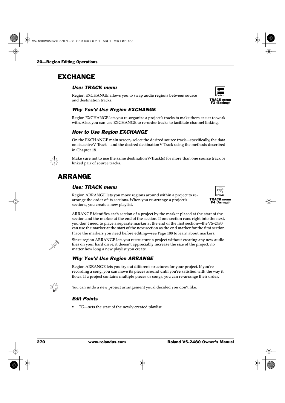 Exchange, Use: track menu, Why you’d use region exchange | How to use region exchange, Arrange, Why you’d use region arrange, Edit points, Exchange arrange | Roland VS-2480 User Manual | Page 270 / 452