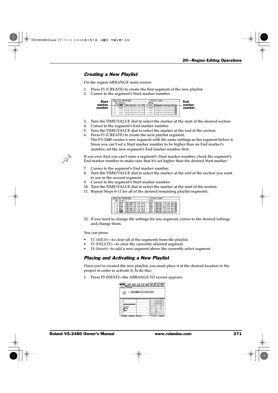 Creating a new playlist, Placing and activating a new playlist | Roland VS-2480 User Manual | Page 271 / 452