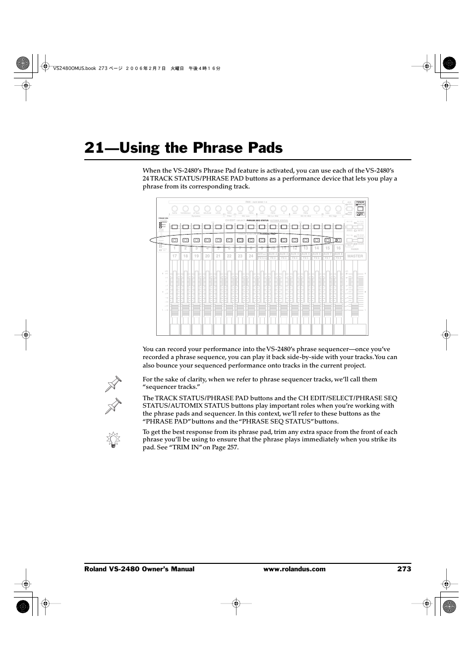 21—using the phrase pads, 21—using the phrase pads 273 | Roland VS-2480 User Manual | Page 273 / 452