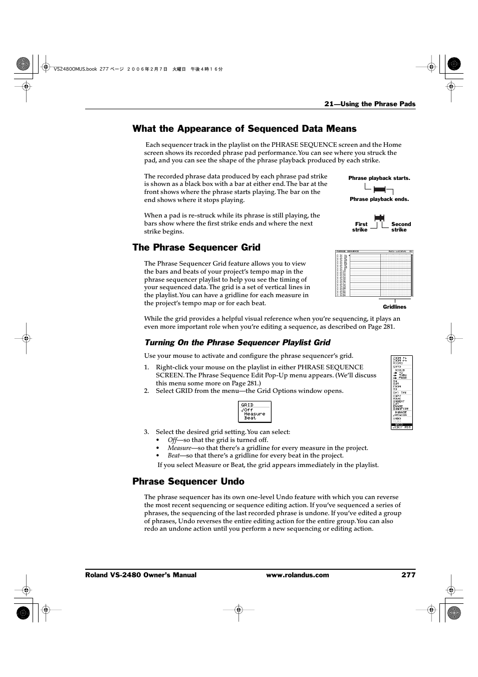 What the appearance of sequenced data means, The phrase sequencer grid, Turning on the phrase sequencer playlist grid | Phrase sequencer undo | Roland VS-2480 User Manual | Page 277 / 452