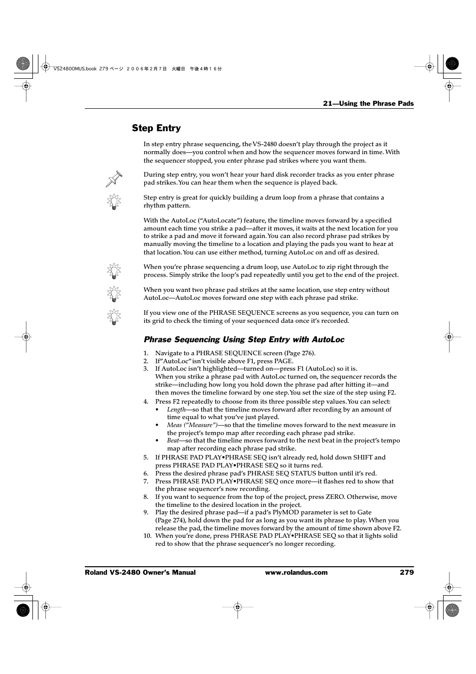 Step entry, Phrase sequencing using step entry with autoloc | Roland VS-2480 User Manual | Page 279 / 452