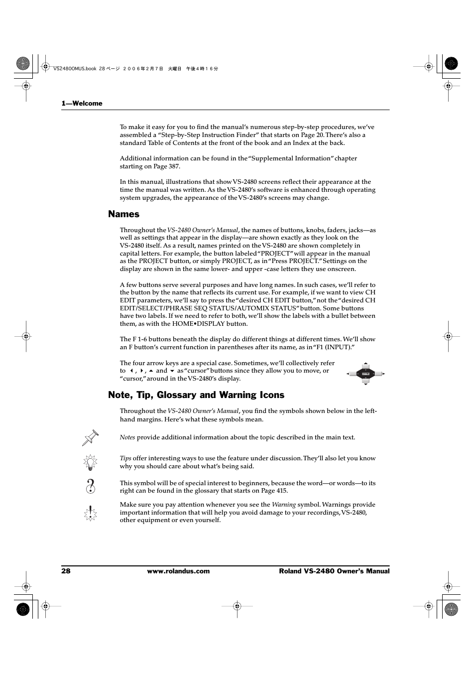 Names, Note, tip, glossary and warning icons, Names note, tip, glossary and warning icons | Roland VS-2480 User Manual | Page 28 / 452