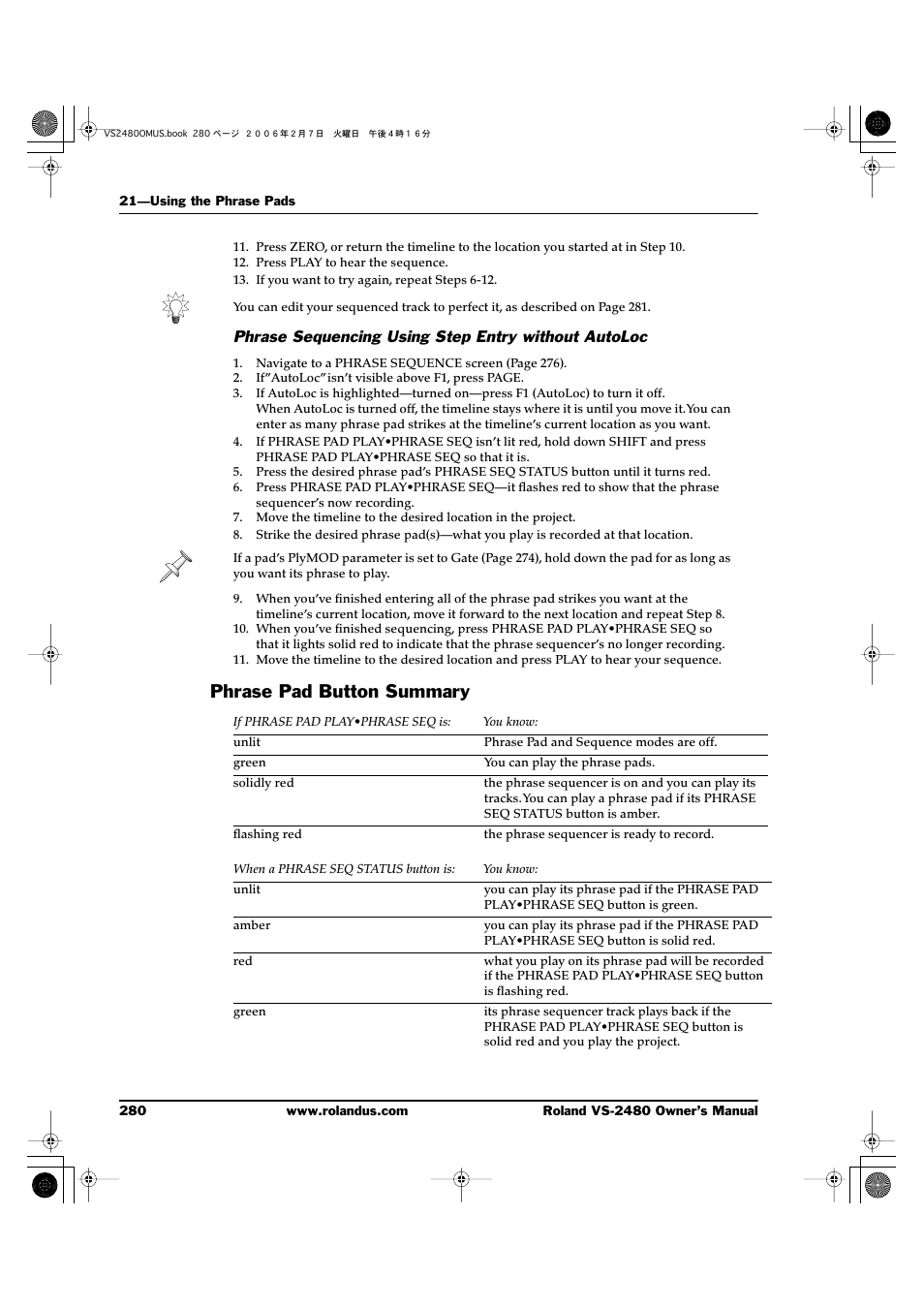 Phrase sequencing using step entry without autoloc, Phrase pad button summary | Roland VS-2480 User Manual | Page 280 / 452