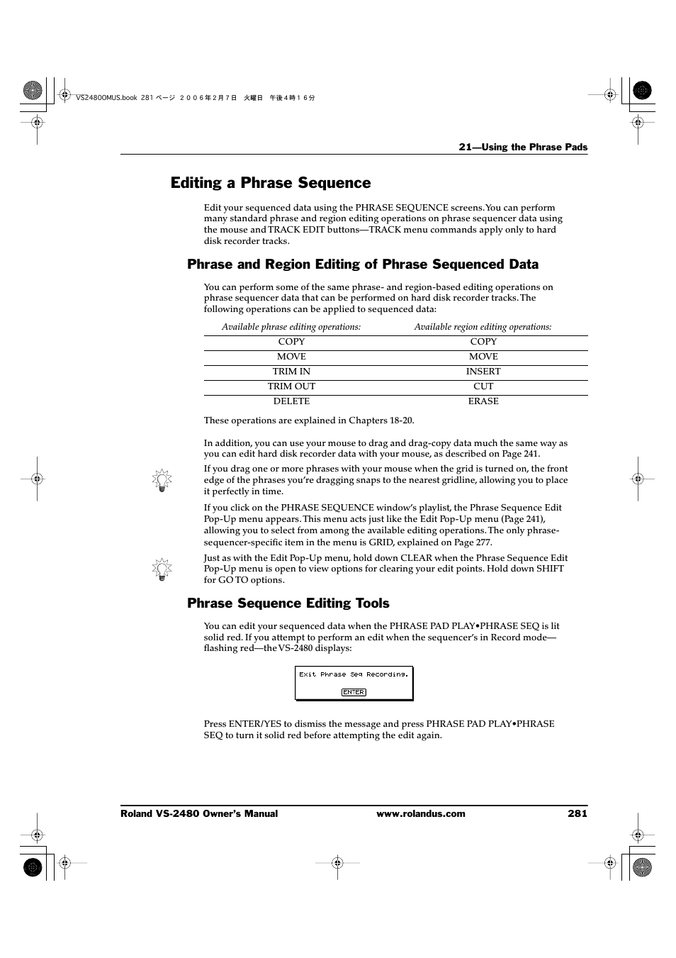 Editing a phrase sequence, Phrase and region editing of phrase sequenced data, Phrase sequence editing tools | Roland VS-2480 User Manual | Page 281 / 452